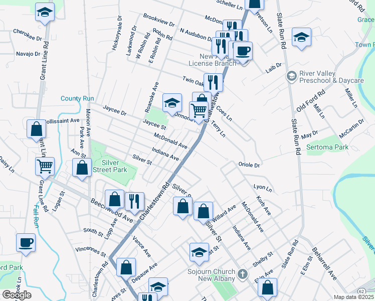 map of restaurants, bars, coffee shops, grocery stores, and more near 2415 Charlestown Road in New Albany