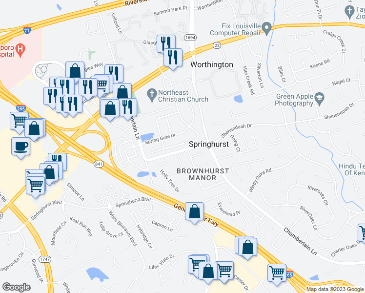map of restaurants, bars, coffee shops, grocery stores, and more near 4215 Brownsboro Glen Road in Louisville