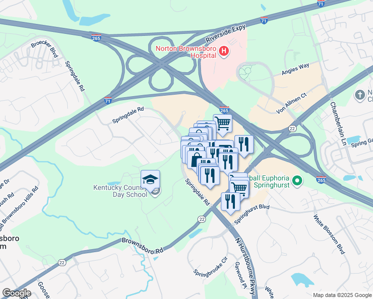 map of restaurants, bars, coffee shops, grocery stores, and more near 4226 Summit Plaza Drive in Louisville