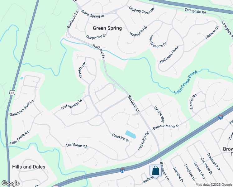 map of restaurants, bars, coffee shops, grocery stores, and more near 7617 Beechspring Farm Boulevard in Louisville
