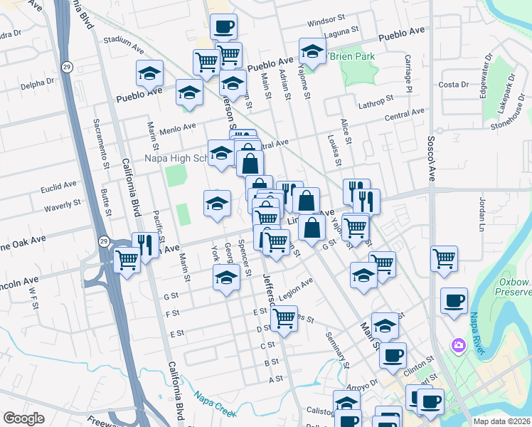 map of restaurants, bars, coffee shops, grocery stores, and more near 1100 Lincoln Avenue in Napa
