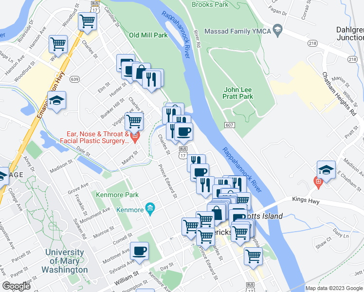 map of restaurants, bars, coffee shops, grocery stores, and more near 1601 Princess Anne Street in Fredericksburg