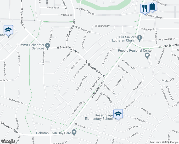 map of restaurants, bars, coffee shops, grocery stores, and more near 377 West Buttercup Way in Pueblo West