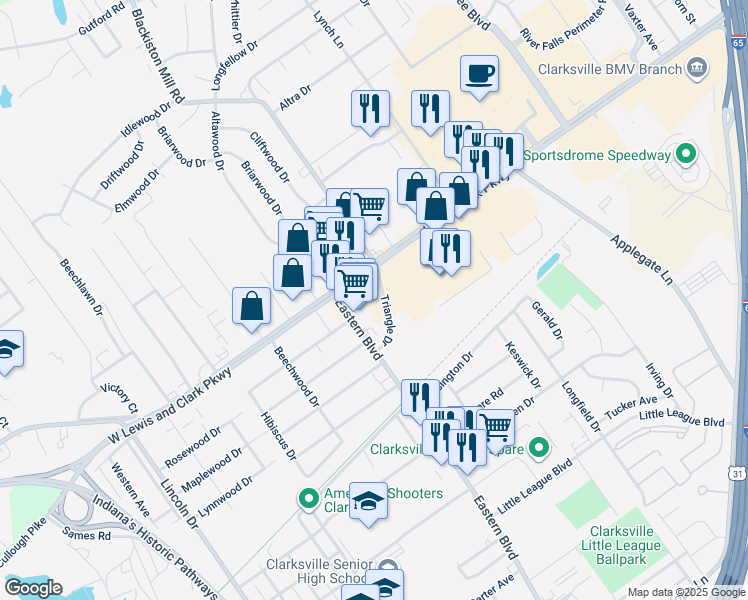 map of restaurants, bars, coffee shops, grocery stores, and more near 1312 Eastern Boulevard in Clarksville