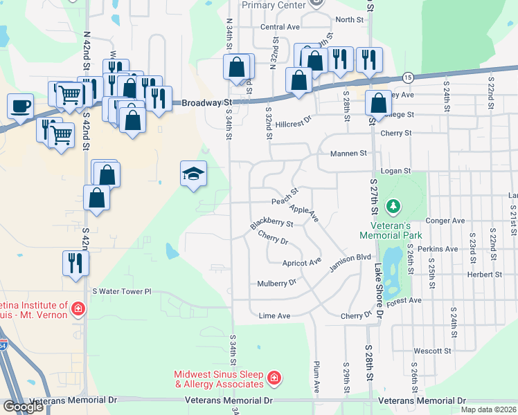 map of restaurants, bars, coffee shops, grocery stores, and more near 1-9 Cherry Street in Mount Vernon