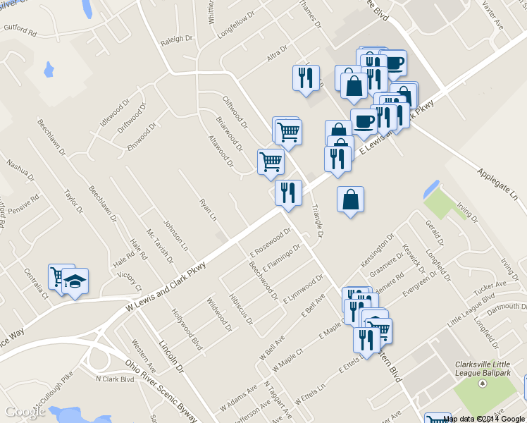 map of restaurants, bars, coffee shops, grocery stores, and more near 213 East Lewis and Clark Parkway in Clarksville
