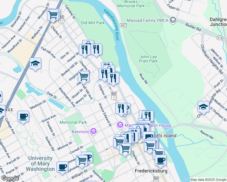 map of restaurants, bars, coffee shops, grocery stores, and more near 1603 Princess Anne Street in Fredericksburg