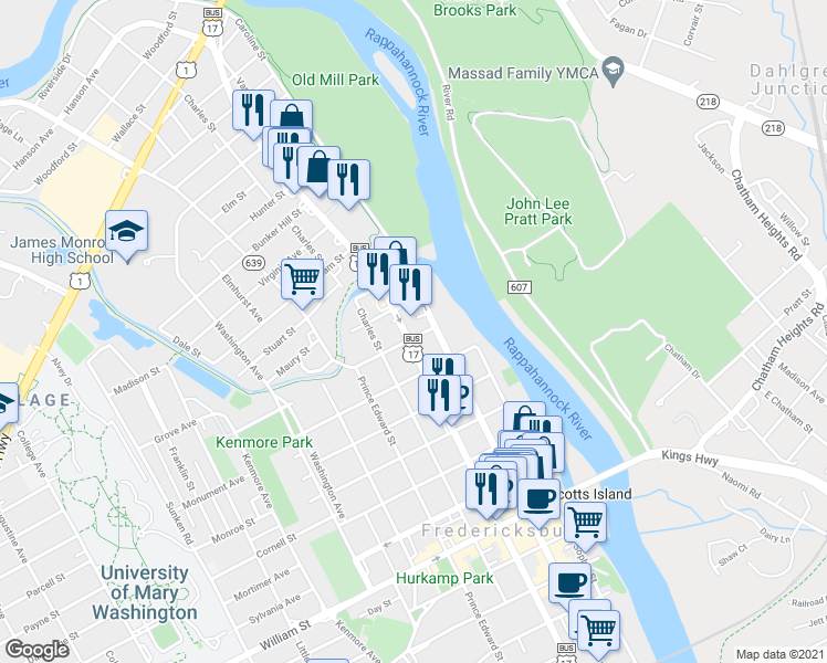 map of restaurants, bars, coffee shops, grocery stores, and more near 1603 Princess Anne Street in Fredericksburg