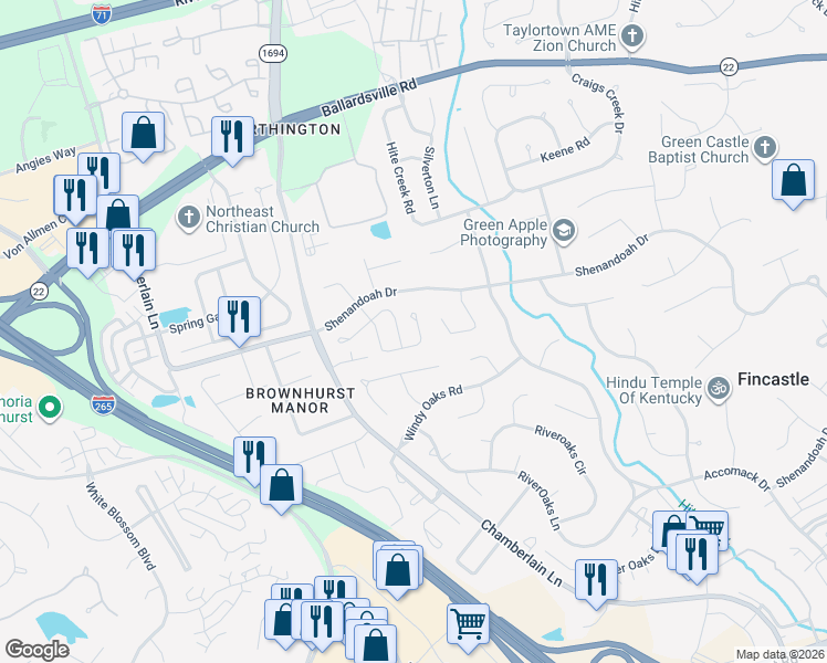 map of restaurants, bars, coffee shops, grocery stores, and more near 10501 Yager Court in Louisville