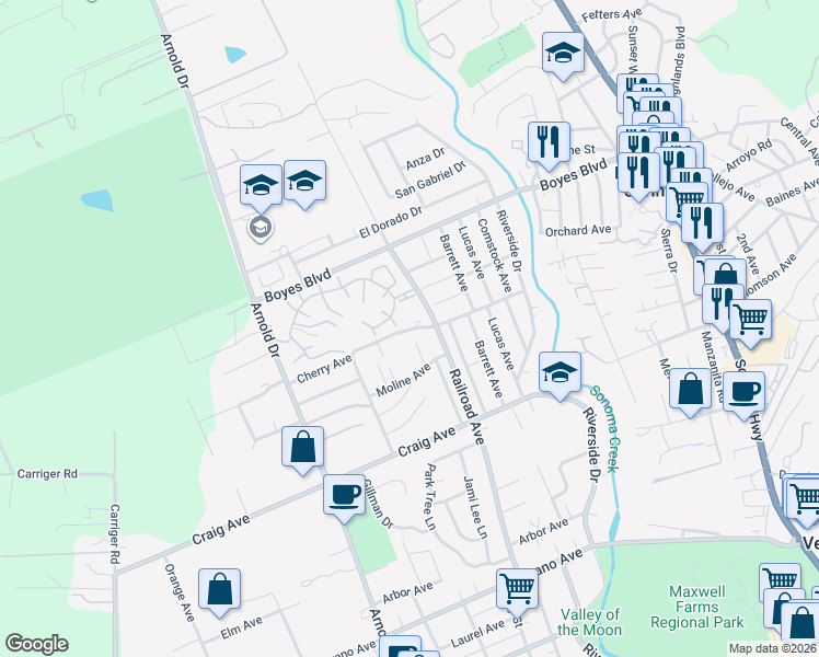 map of restaurants, bars, coffee shops, grocery stores, and more near Cherry Avenue in Sonoma