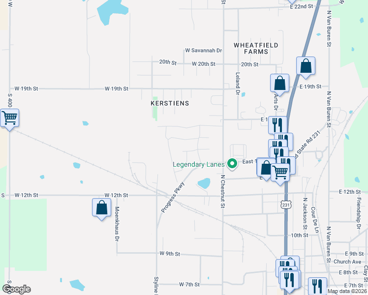 map of restaurants, bars, coffee shops, grocery stores, and more near 214 Wilson Circle in Huntingburg
