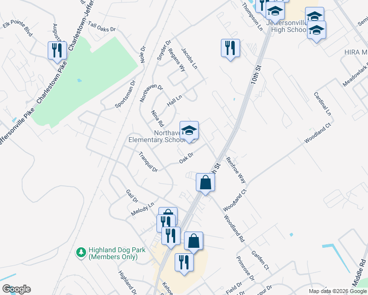 map of restaurants, bars, coffee shops, grocery stores, and more near 2710 East 10th Street in Jeffersonville