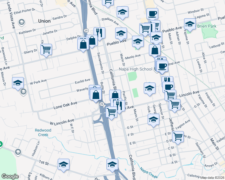 map of restaurants, bars, coffee shops, grocery stores, and more near 2522 Merced Street in Napa
