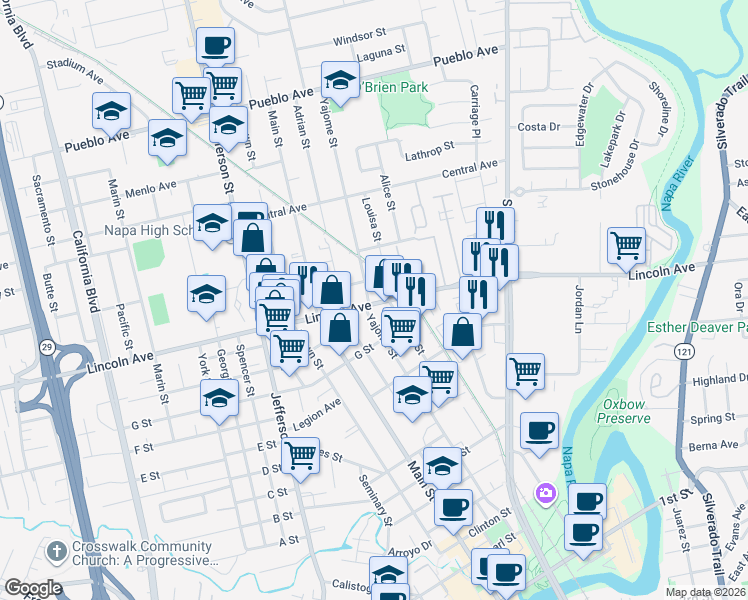 map of restaurants, bars, coffee shops, grocery stores, and more near 2222 Louisa Street in Napa