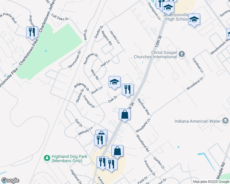 map of restaurants, bars, coffee shops, grocery stores, and more near 1907 Oakridge Drive in Jeffersonville