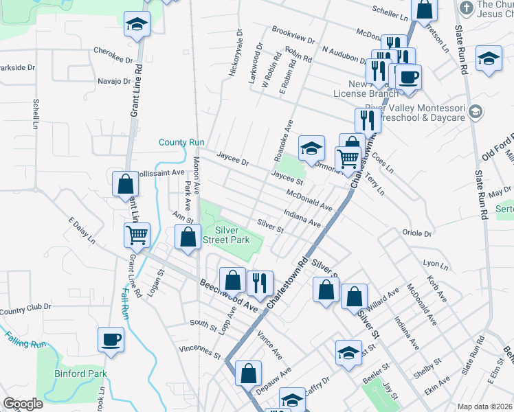 map of restaurants, bars, coffee shops, grocery stores, and more near 2006 Indiana Avenue in New Albany