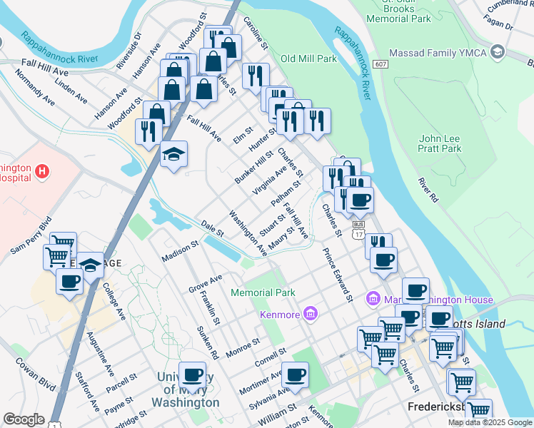 map of restaurants, bars, coffee shops, grocery stores, and more near 624 Pelham Street in Fredericksburg