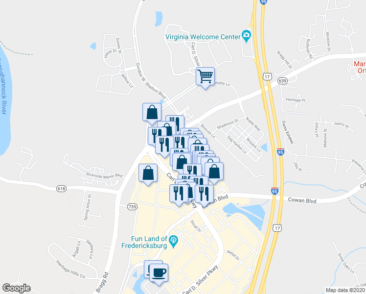 map of restaurants, bars, coffee shops, grocery stores, and more near 1889 Carl D Silver Parkway in Fredericksburg