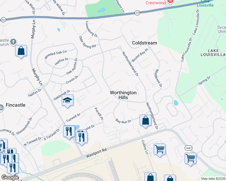 map of restaurants, bars, coffee shops, grocery stores, and more near 4613 Lunenburg Drive in Louisville