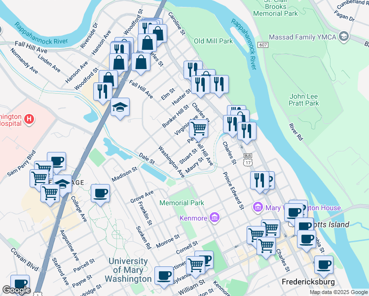 map of restaurants, bars, coffee shops, grocery stores, and more near 624 Pelham Street in Fredericksburg