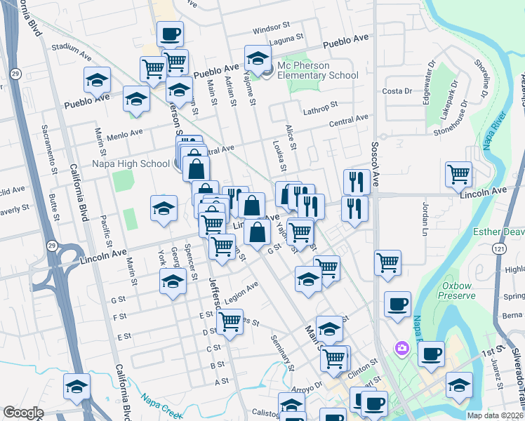 map of restaurants, bars, coffee shops, grocery stores, and more near 940 K Street in Napa