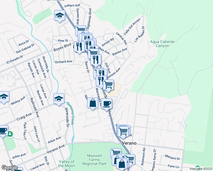 map of restaurants, bars, coffee shops, grocery stores, and more near 126 East Thomson Avenue in Sonoma
