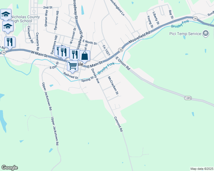 map of restaurants, bars, coffee shops, grocery stores, and more near 106 McCracken Street in Carlisle