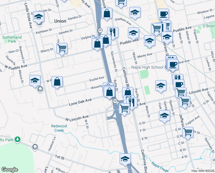 map of restaurants, bars, coffee shops, grocery stores, and more near 2569 Butte Street in Napa