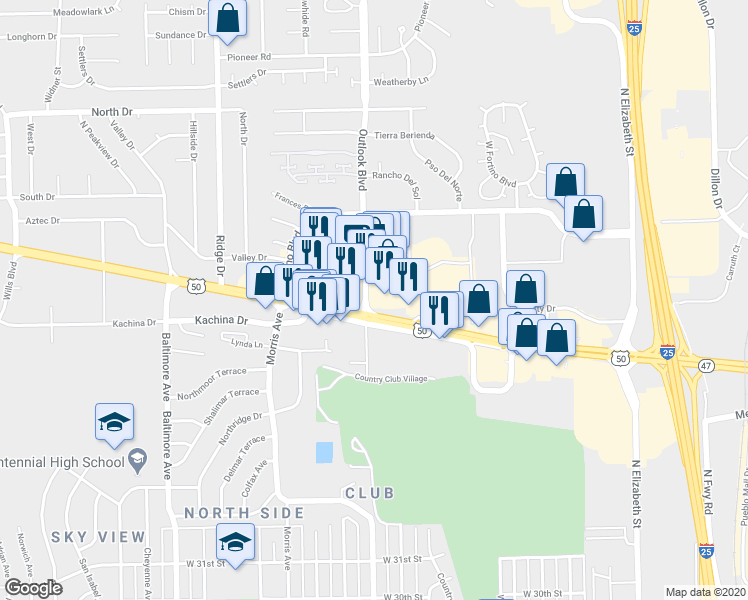map of restaurants, bars, coffee shops, grocery stores, and more near 1425 U.S. 50 in Pueblo