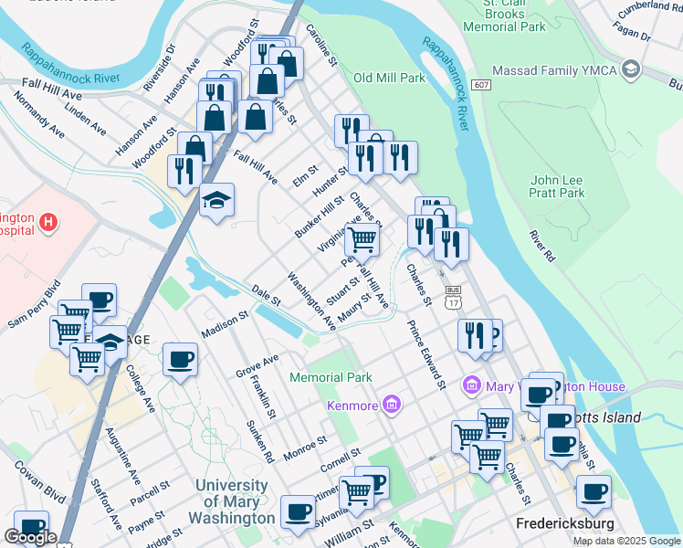 map of restaurants, bars, coffee shops, grocery stores, and more near 616 Pelham Street in Fredericksburg