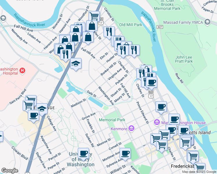 map of restaurants, bars, coffee shops, grocery stores, and more near 1902 Elmhurst Avenue in Fredericksburg