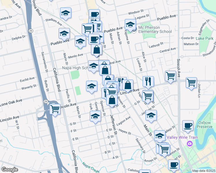 map of restaurants, bars, coffee shops, grocery stores, and more near 2245 Brown Street in Napa