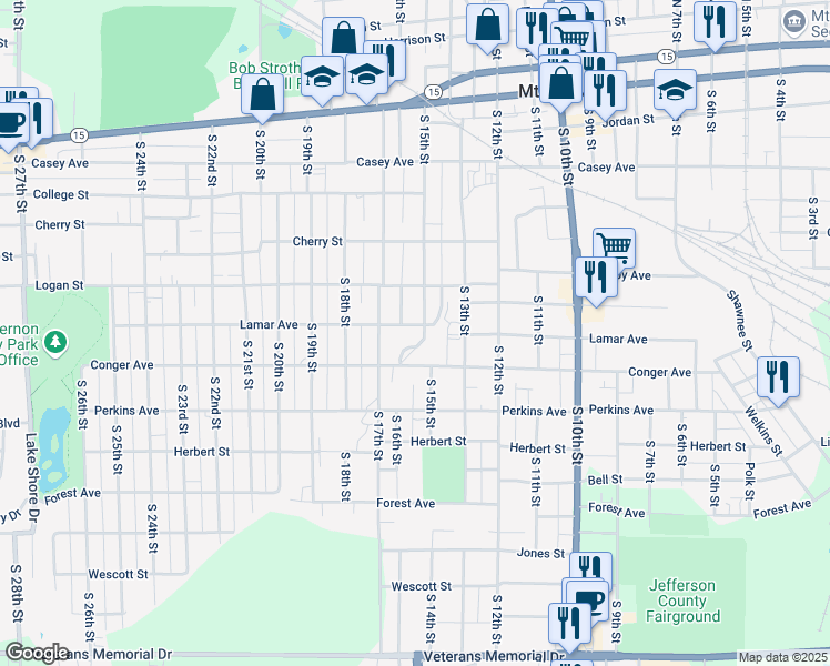 map of restaurants, bars, coffee shops, grocery stores, and more near 1501-1599 Lamar Avenue in Mount Vernon