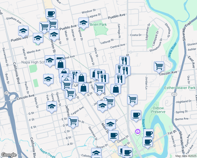 map of restaurants, bars, coffee shops, grocery stores, and more near 820 Lincoln Avenue in Napa
