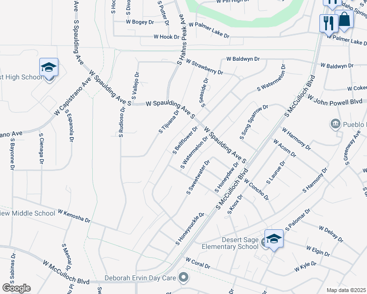 map of restaurants, bars, coffee shops, grocery stores, and more near 736 S Bellflower Dr in Pueblo
