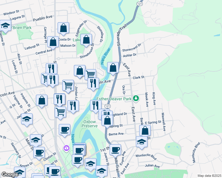 map of restaurants, bars, coffee shops, grocery stores, and more near 1655 Silverado Trail in Napa