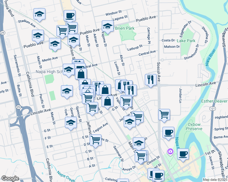 map of restaurants, bars, coffee shops, grocery stores, and more near 940 K Street in Napa