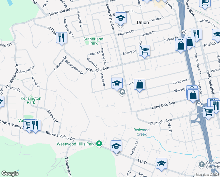 map of restaurants, bars, coffee shops, grocery stores, and more near 2334 West Park Avenue in Napa