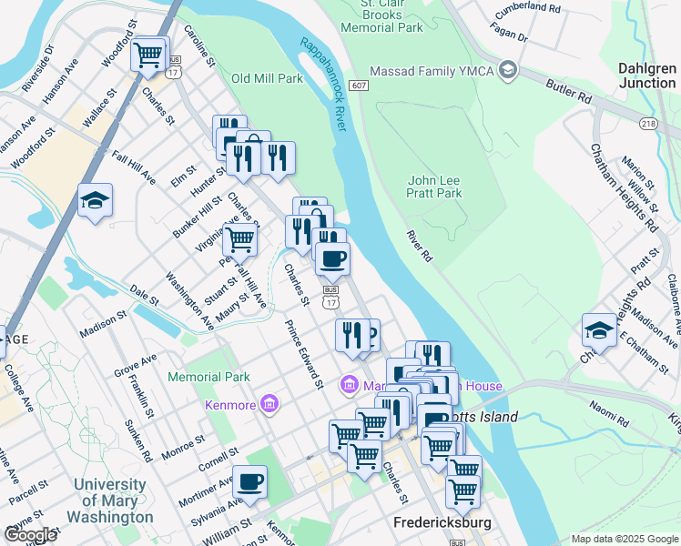 map of restaurants, bars, coffee shops, grocery stores, and more near 1604 Caroline Street in Fredericksburg