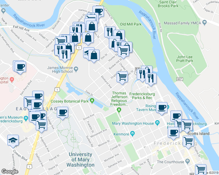 map of restaurants, bars, coffee shops, grocery stores, and more near 1902 Elmhurst Avenue in Fredericksburg