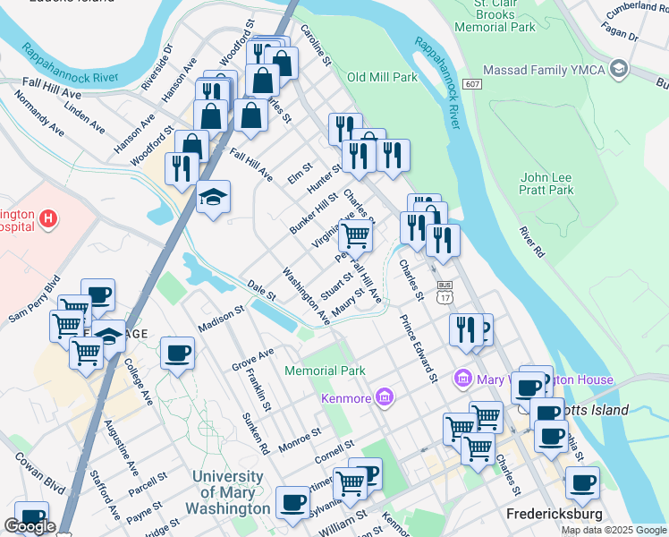map of restaurants, bars, coffee shops, grocery stores, and more near 616 Pelham Street in Fredericksburg