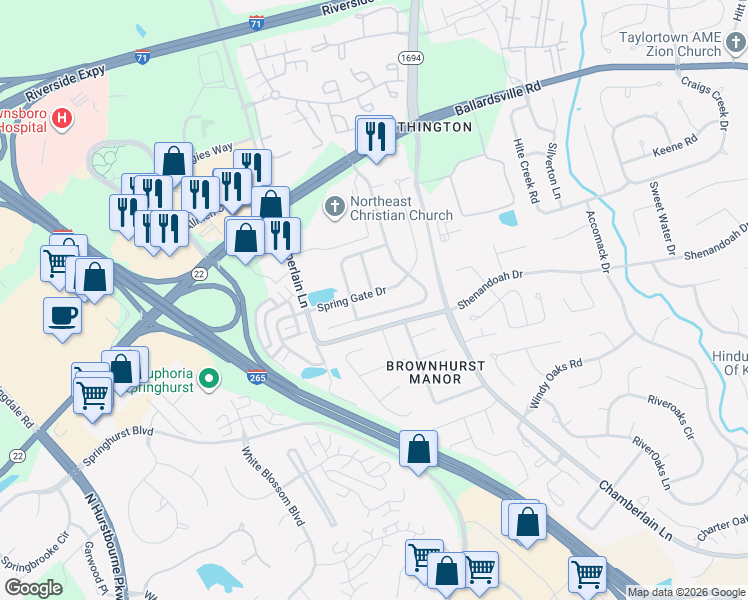map of restaurants, bars, coffee shops, grocery stores, and more near 10001 Spring Gate Drive in Louisville