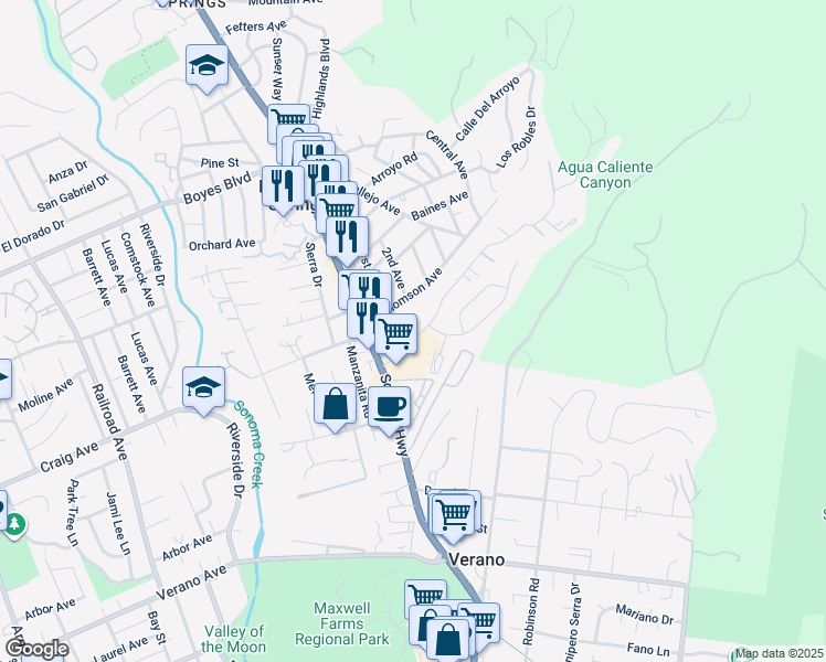 map of restaurants, bars, coffee shops, grocery stores, and more near 177 Siesta Way in Sonoma