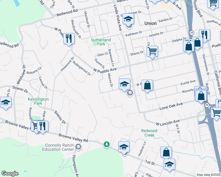 map of restaurants, bars, coffee shops, grocery stores, and more near 1115 Massa Drive in Napa