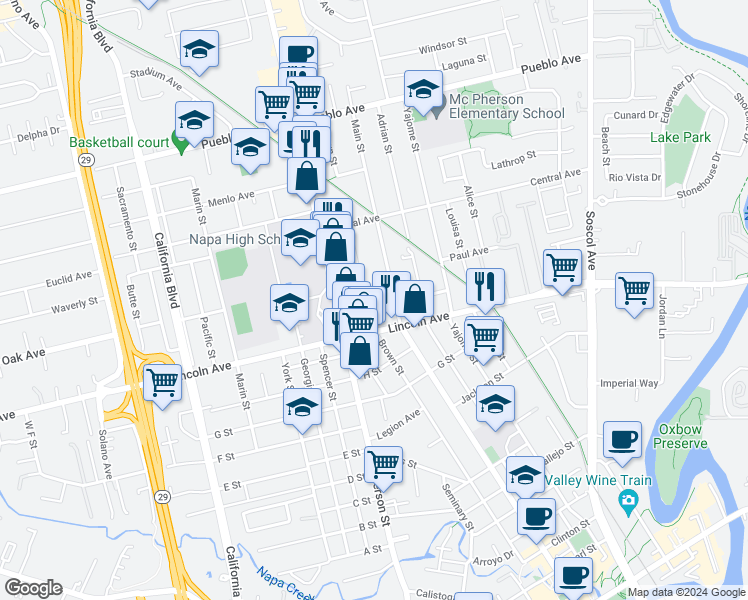 map of restaurants, bars, coffee shops, grocery stores, and more near 2245 Brown Street in Napa