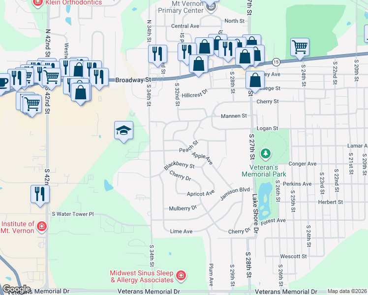 map of restaurants, bars, coffee shops, grocery stores, and more near 3201-3213 Apple Avenue in Mount Vernon