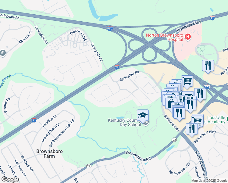 map of restaurants, bars, coffee shops, grocery stores, and more near 8800 Summit Ridge Drive in Louisville