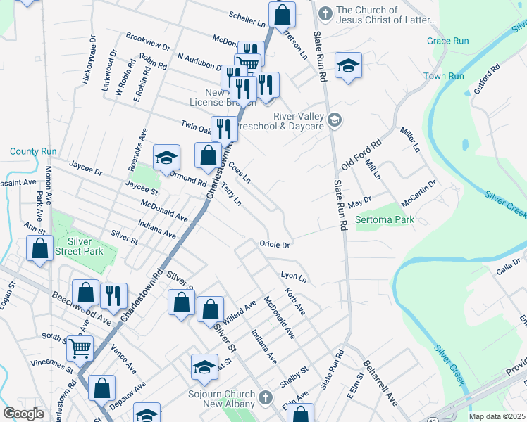 map of restaurants, bars, coffee shops, grocery stores, and more near 1673 Long Meadow Drive in New Albany