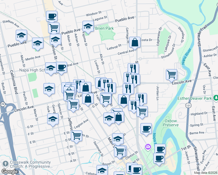 map of restaurants, bars, coffee shops, grocery stores, and more near 796 Lincoln Avenue in Napa