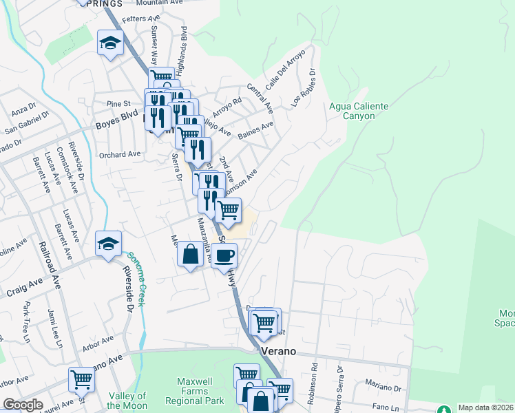 map of restaurants, bars, coffee shops, grocery stores, and more near 605 Barcelona Drive in Sonoma